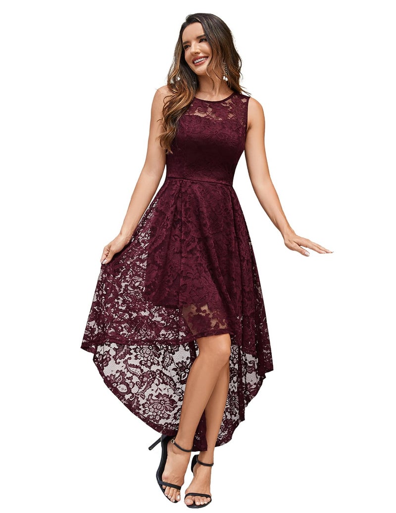 MUADRESS Women's Elegant Floral Lace Dress Sleeveless Crew Neck Hi-Lo Cocktail Prom Dress for Evening Party Burgundy L - Image 1